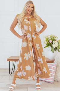 Online Khaki Floral Print Sleeveless Button up Wide Leg Loose Jumpsuit