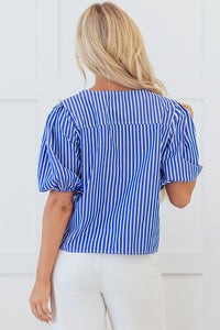 Online Blue Stripe Tied Front Puff Short Sleeve Blouse