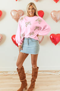 Online Light Pink Embroidered Bow Lantern Sleeve Oversized Pullover Sweatshirt