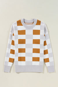 Online Pink Checkered Ribbed Edge O Neck Drop Shoulder Sweater