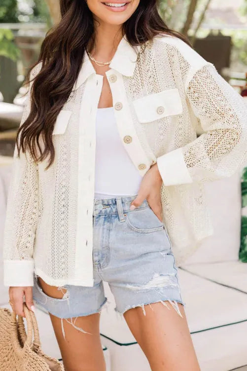 Beige Lace See-through Button Collared Shacket
