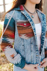 Online Multicolor Aztec Print Frayed Hem Denim Jacket