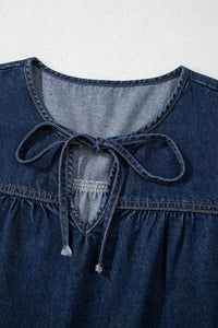 Online Sail Blue Puff Sleeve Lace-up Neckline Splicing Denim Blouse