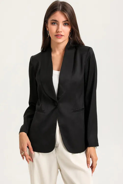 Black Collared Neck Single Breasted Blazer with Pockets