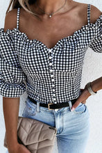 Load image into Gallery viewer, Black Sweetheart Gingham Button Down Cold Shoulder Blouse
