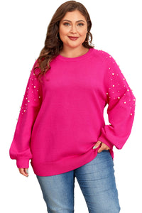Online Strawberry Pink Pearled Decor Raglan Sleeve Plus Size Sweater