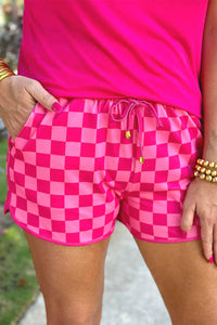 Online Rose Checkered Drawstring Elastic Waist Casual Shorts