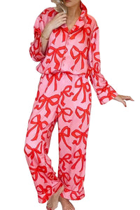 Online Pink 2pcs Bow Print Shirt Style Long Sleeve Pajama Set