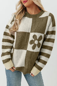 Online Orchid Petal Checkered Floral Print Striped Sleeve Sweater