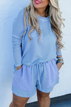 Load image into Gallery viewer, Online Light Blue Plus Size Ribbed Long Sleeve Top and Drawstring Shorts Set
