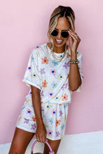 Load image into Gallery viewer, Online Pink Flower Print Short Sleeve High Waist Two Piece Shorts Set
