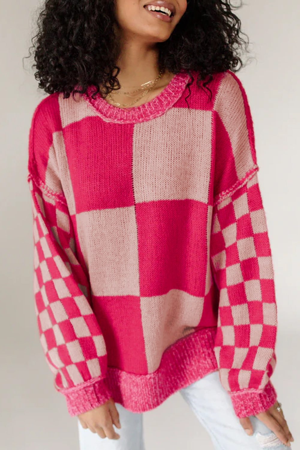 Online Rose Red Mixed Checkered Pattern Drop Shoulder Loose Sweater