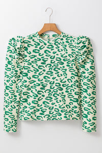 Online Blackish Green Leopard Print Mock Neck Puff Sleeve Top