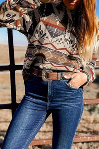 Online Brown Western Aztec Collared Button-up Sweatshirt