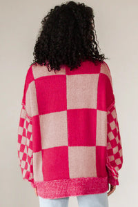 Online Rose Red Mixed Checkered Pattern Drop Shoulder Loose Sweater