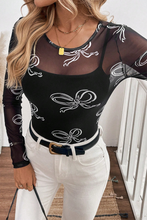 Load image into Gallery viewer, Online Black Round Neck Bow Print Long Sleeve Mesh Top
