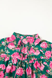 Online Green Floral Printed Tied Collar Puff Sleeve Blouse