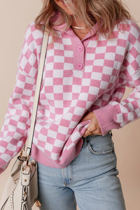 Online Apricot Checkered Buttons Collar V Neck Drop Shoulder Sweater