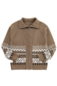 Online Brown Western Printed Ribbed Trim Collared Zip up Cardigan