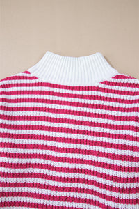 Online Pink Stripe Zip up Collar Drop Shoulder Sweater