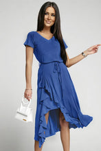 Load image into Gallery viewer, Blue V Neck Short Sleeve Ruffle Belted Midi Dress
