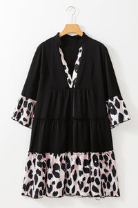 Online Black Leopard Patchwork Split Neck Ruffle Curvy Dress