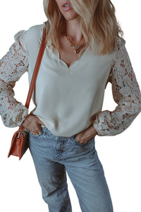 Online White Scalloped V Neckline Lace Hollowed Lantern Sleeve Blouse