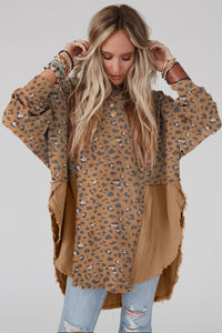 Online Brown Printed Raw Edge Leopard Patchwork Oversized Blouse