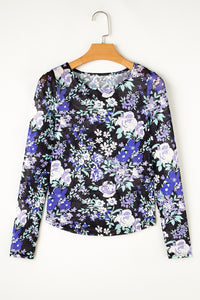 Online Black Floral Print Mesh Fitted Long Sleeve Top