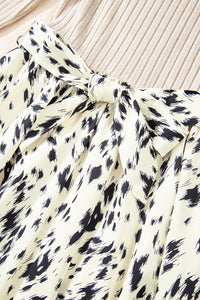 Online Black Ribbed Knit Patchwork Printed Belted A-line Dress