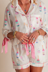 Online White Plus Size Wine Glass Print Bow Knot Pajama Set