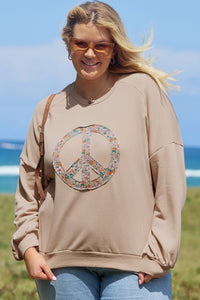 Online Pale Khaki Floral Peace Sign Graphic Washed Terry Plus Size Sweatshirt