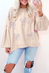 Online Light Pink Embroidered Bow Lantern Sleeve Oversized Pullover Sweatshirt