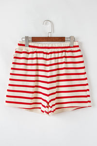 Online Red Stripe Lace-up Front Top and High Waist Shorts Set
