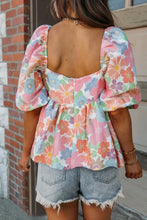 Load image into Gallery viewer, Pink Floral Puff Sleeve Square Neck Babydoll Blouse
