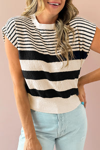 Online Black white Striped O Neck Sweater Vest