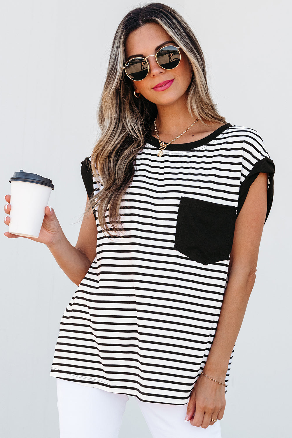 Online Black Stripe Chest Pocket Patch Round Neck Tank Top