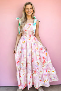 Online Pink Floral Print Knotted Shoulder Smocked Maxi Dress