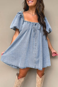 Online Myosotis Bubble Sleeve Square Neck Denim Babydoll Dress