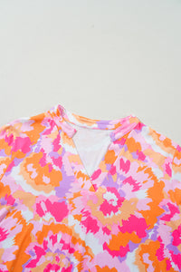 Online Pink Plus Size Abstract Floral Print V Neck Blouse