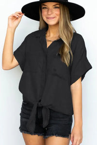 Black Solid Tie Front Short Sleeve Shirt