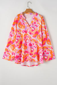 Online Pink Plus Size Abstract Floral Print V Neck Blouse