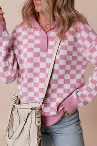 Online Apricot Checkered Buttons Collar V Neck Drop Shoulder Sweater