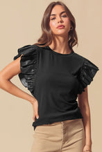 Load image into Gallery viewer, Online Black Leather Ruffle Sleeve Patchwork Round Neck Blouse
