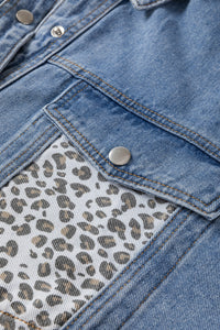 Online Beau Blue Leopard Patchwork Flap Detail Plus Size Denim Jacket