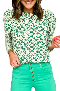 Online Blackish Green Leopard Print Mock Neck Puff Sleeve Top