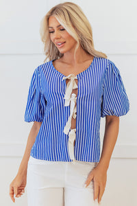 Online Blue Stripe Tied Front Puff Short Sleeve Blouse