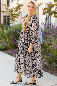 Online Black Plus Size Floral Printed Puff Sleeve Collared Maxi Dress