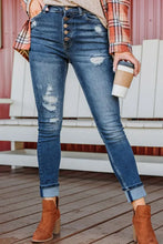 Load image into Gallery viewer, Blue Distressed Button Fly High Waist Skinny Jeans LC7873975-5
