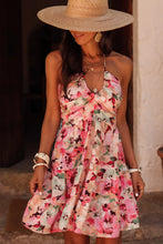 Load image into Gallery viewer, Online Pink Floral Sleeveless Halter Neck Shirred Back Ruffled Mini Dress
